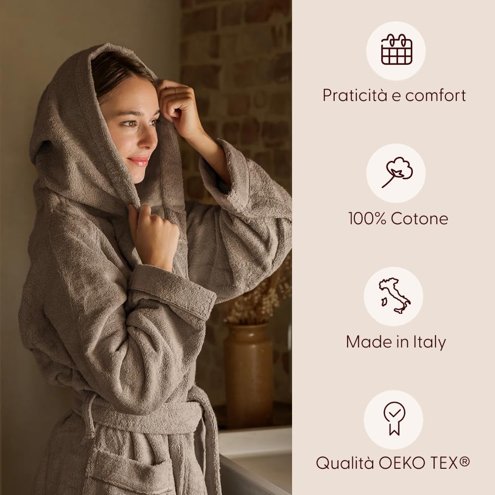Dalfilo Accappatoio con Cappuccio, Accappatoio Uomo e Donna, in Spugna di Cotone, 470 gr/mq, per Sauna e SPA, Made in Italy, Soffice, Resistente ai Lavaggi, con Tasche Laterali e Cintura