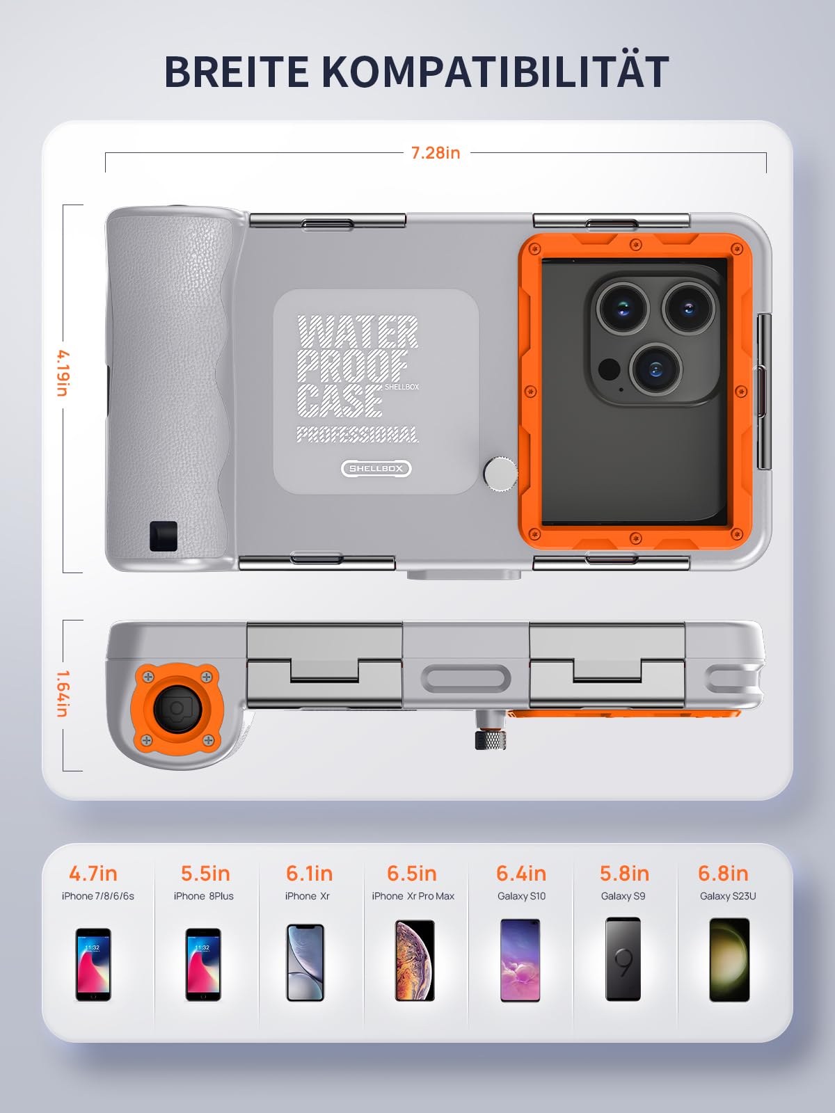 Lanhiem Wasserdicht Handyhülle IP68 Universelle Tauchen Professionelle Handy Unterwasser Hülle Wasserfeste tief 15M für iPhone Samsung Huawei Xiaomi Schnorcheln Surfen Case, Grey-Orange