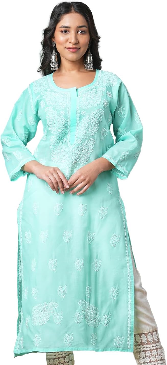 - Ada Women's Cotton Straight Fit Straight Hand Embroidered Lucknowi Chikankari Kurta Kurti A133488