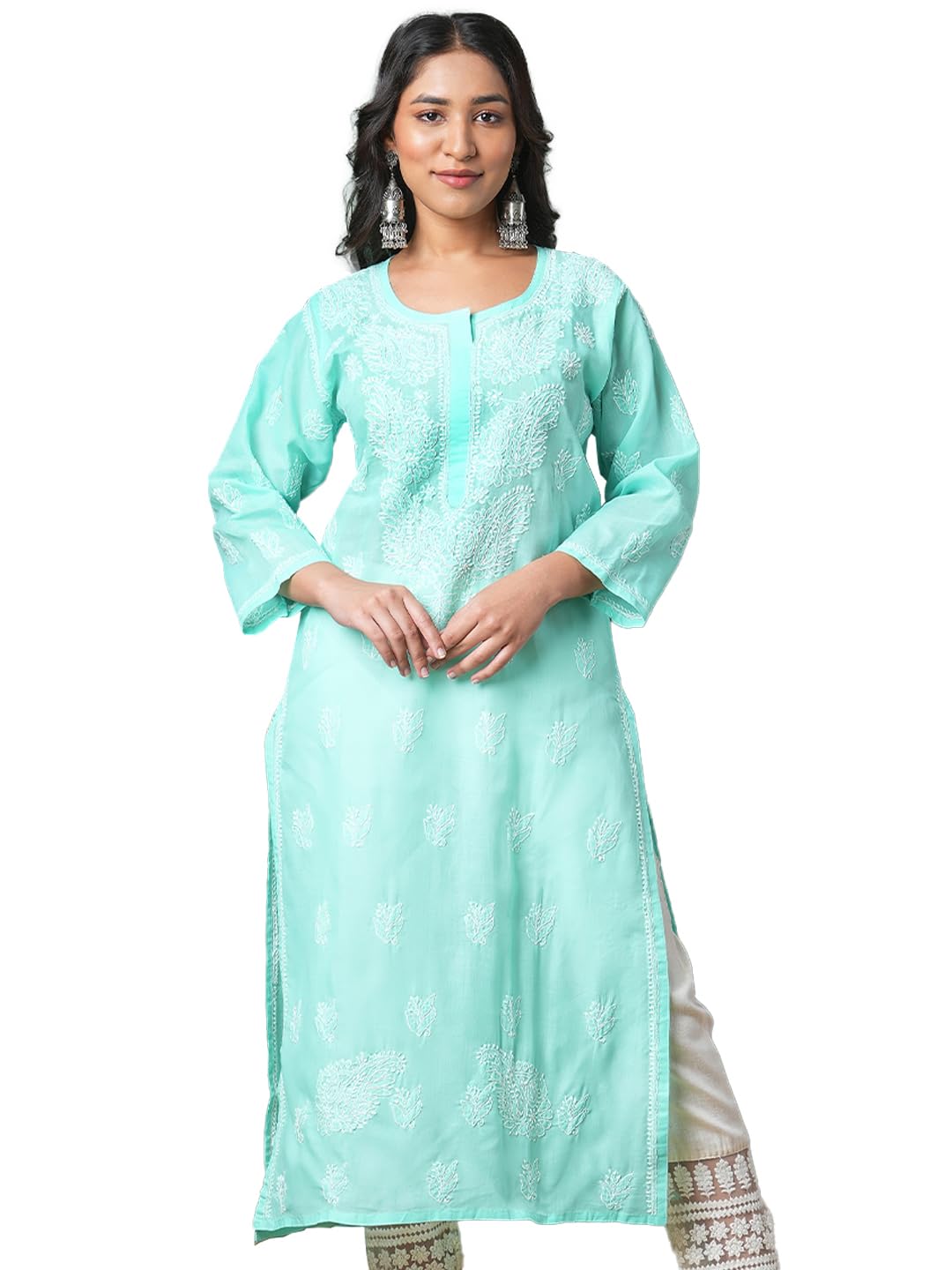 Ada Women's Cotton Straight Fit Straight Hand Embroidered Lucknowi Chikankari Kurta Kurti A133488