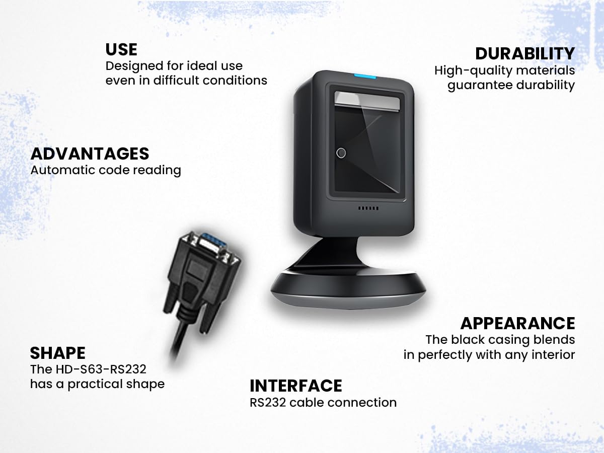 HDWR HD-S63-RS232 Barcode-Scanner QR 1D 2D, RS232, Auto-Sense, IP54 | Multi-OS, automatischer Sensor, staubgeschützt, für Kassensysteme mit serieller Schnittstelle