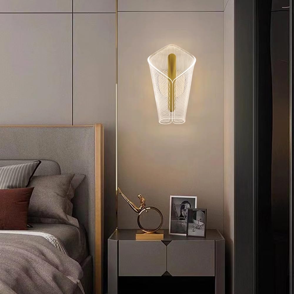 Apliques de Interior, Luz de Pared acrílica LED Dorada, Aplique Interior cableado for mesita Noche, Comedor, Pasillo, 10W