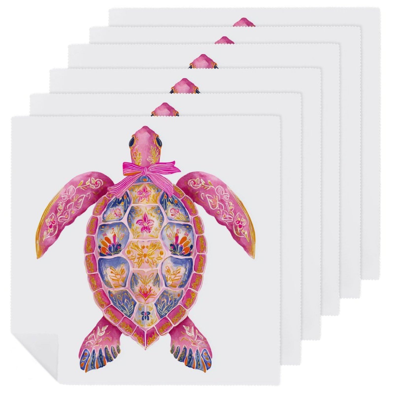 Preppy Pink Sea Turtle Floral Pattern Cloth Napkins Set of 6, Square Premium Reusable Washable Polyester Table Linen Napkin for Dinner Party