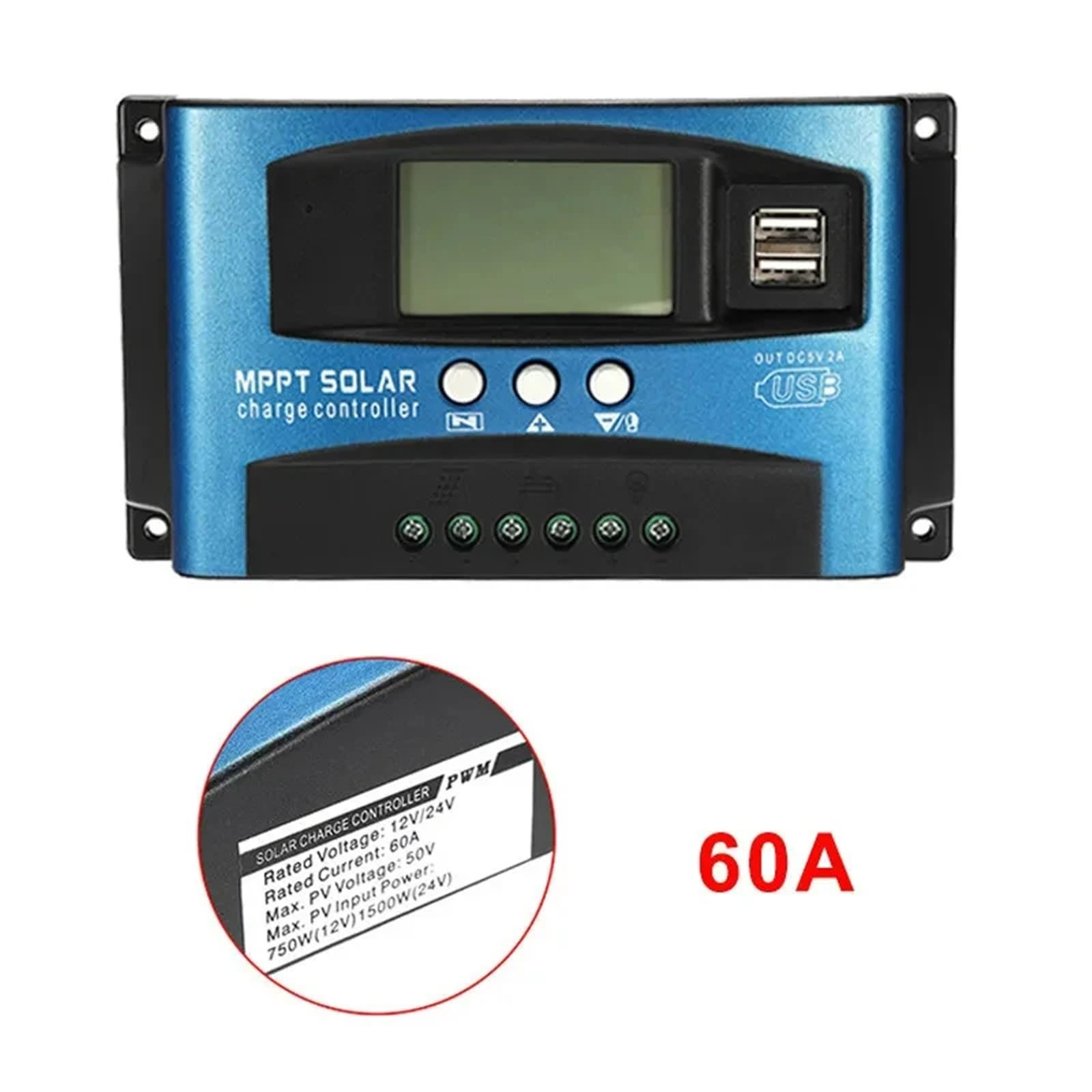 Kontroler ładowania paneli słonecznych 12 V 24 V PWM MPPT 10A 20A 30A, regulator ładowarki do akumulatora samochodowego, wyjście USB 5 V Max PV 50 V, 1 szt. (MPPT-60A)