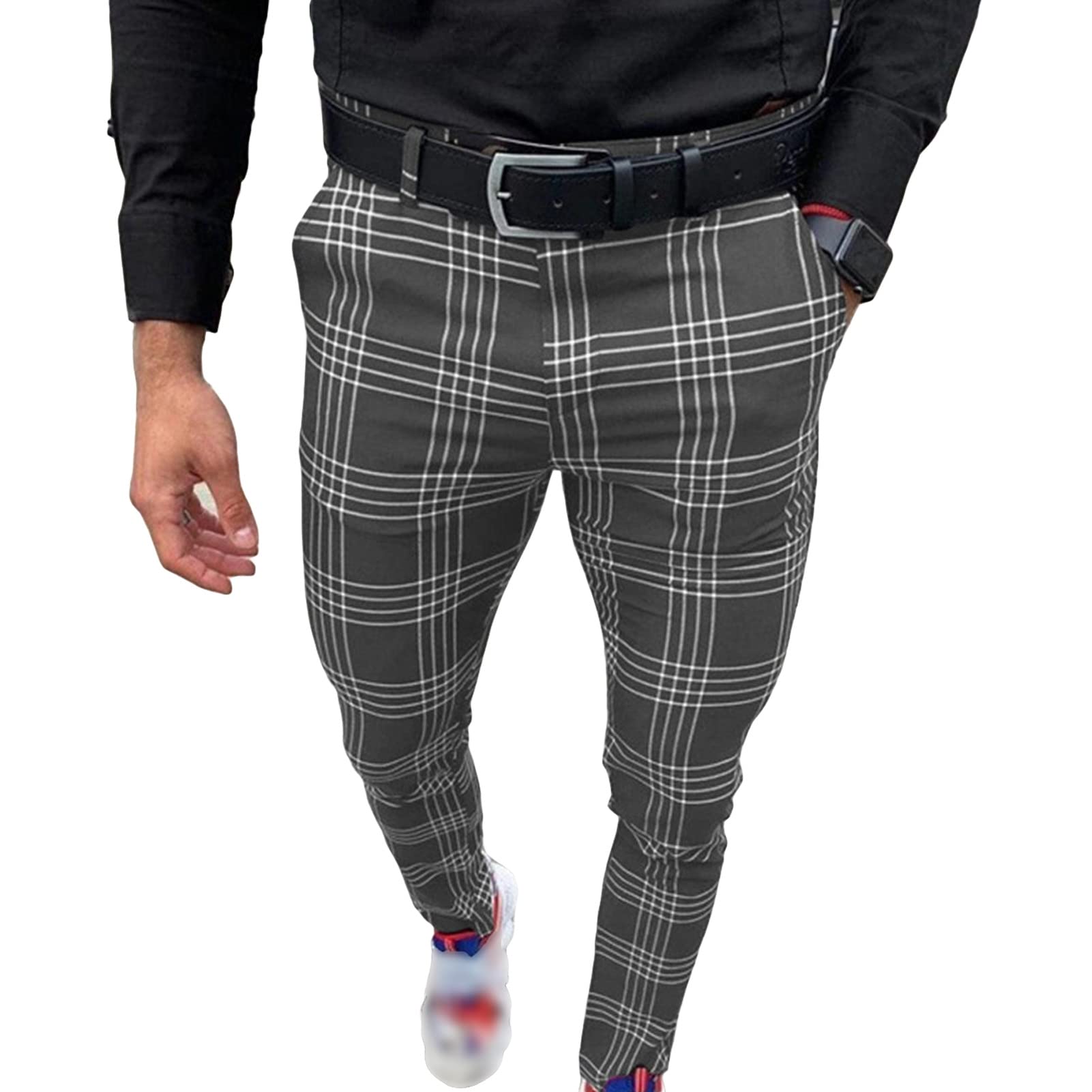Maiyifu-GJ Mens Plaid Business Pants Stylish Stretch Skinny Golf Dress Pant Casual Slim Tapered Fit Flat Front Trousers