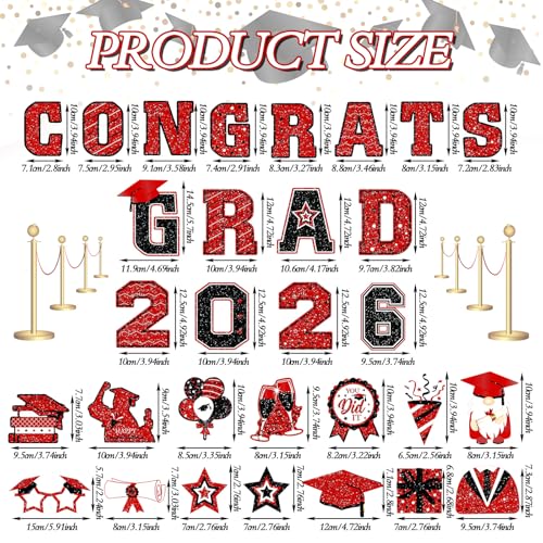 Image of Landhoow 30 Pcs Graduation Car Magnets 2026 Senior Graduation Car Decoration Bumper Sticker Congrats Grad Magnet Magnetic Refrigerator Decal for Grad Parade Party Supplies(Red, Black)