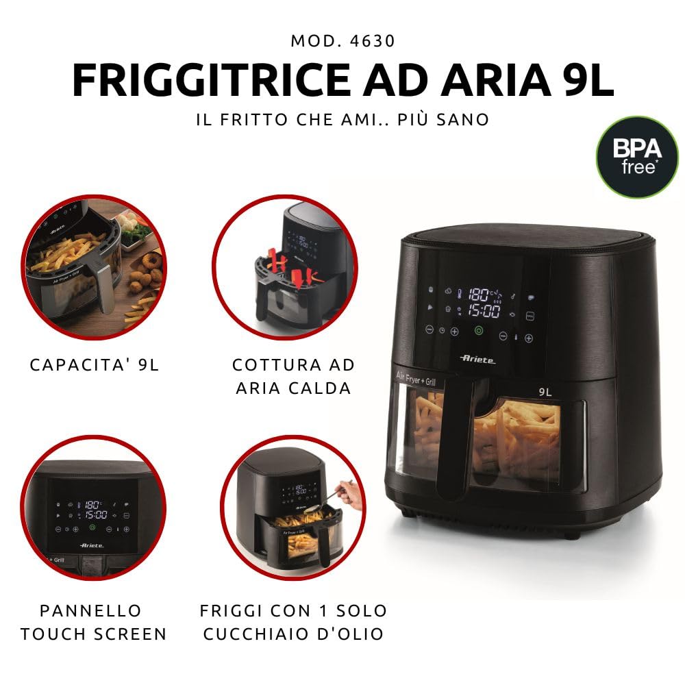Ariete 4630 Friggitrice ad aria 9L, 1500 W, Capacità 9L, Capacità di cottura 2,5kg, 8 programmi preimpostati, Temperatura fino a 200°, Cestello trasparente per controllo cottura, Nero