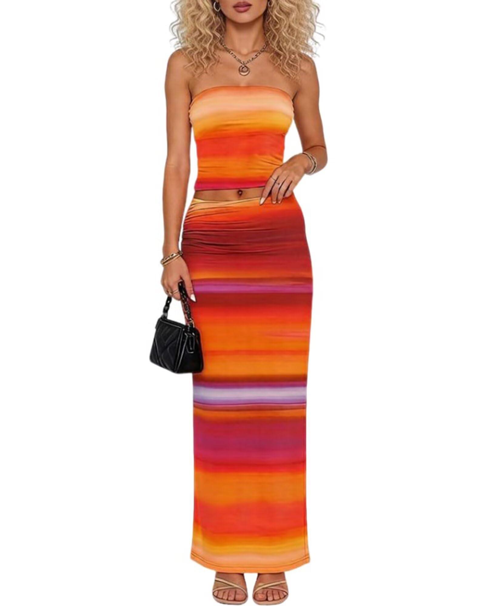 2 Piece Skirt Sets for Women Floral Tube Top Bodycon Maxi Skirts