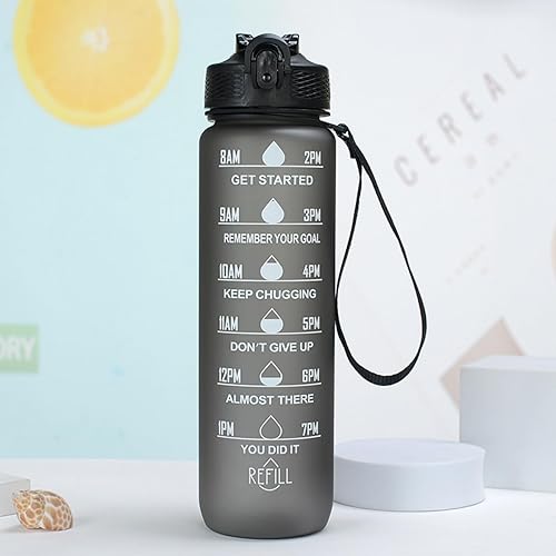 Miniatura 9 de Botella de agua de 33.8 fl oz, a prueba de fugas, libre de BPA y tóxicos, botella deportiva motivacional con tiempos para beber y pajita, fitness