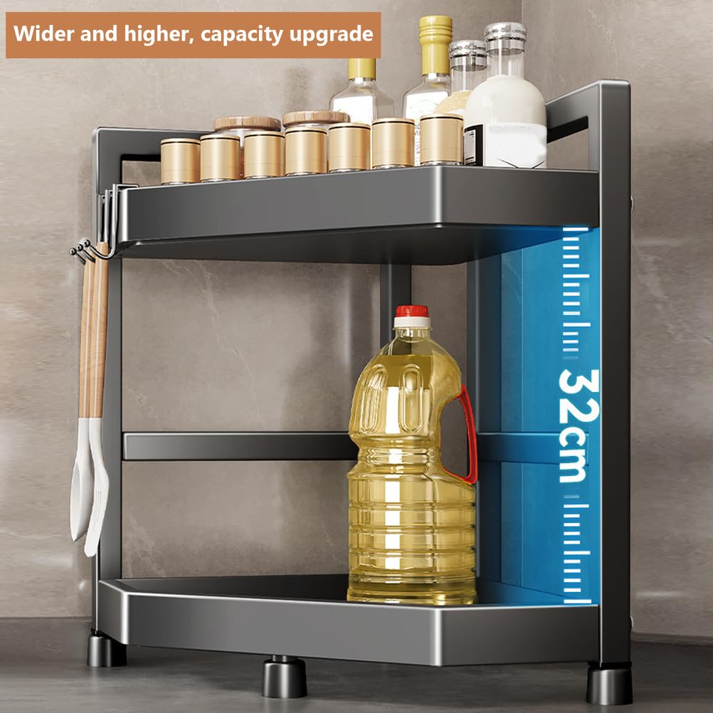 Scaffale ad Angolo Cucina rastrelliere rastrellino a 2 Livelli rastrelliere spezie in Piedi in Piedi colaio angolare condimento per spezie Portatore di spezie con 2 Ganci,11.8IN