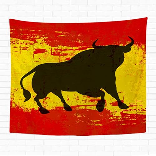 Tapiz de 50 x 60 pulgadas para colgar en la pared, diseño de toro español rojo sobre bandera de España, tapiz decorativo amarillo para el hogar,