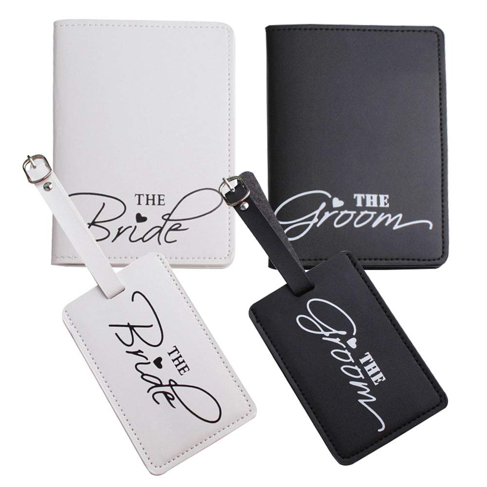 Snogisa2 Pcs Bride and groom luggage tags + 2 Pcs passport cover, couple passport holder for honeymoon Wedding Bridal Shower Gift