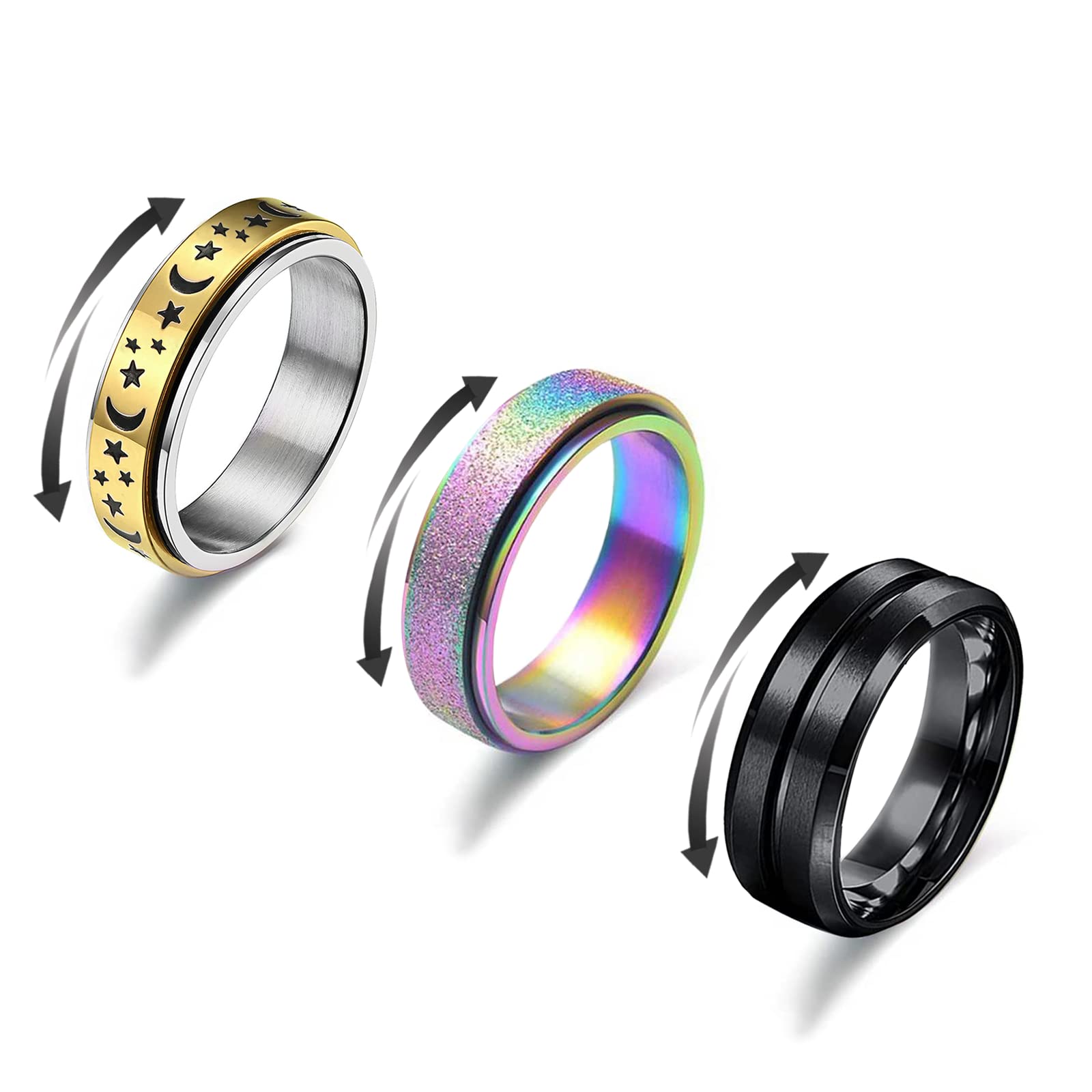 ACOCOKI 3PCS Fidget Rings for Anxiety Stainless Steel Anxiety Ring