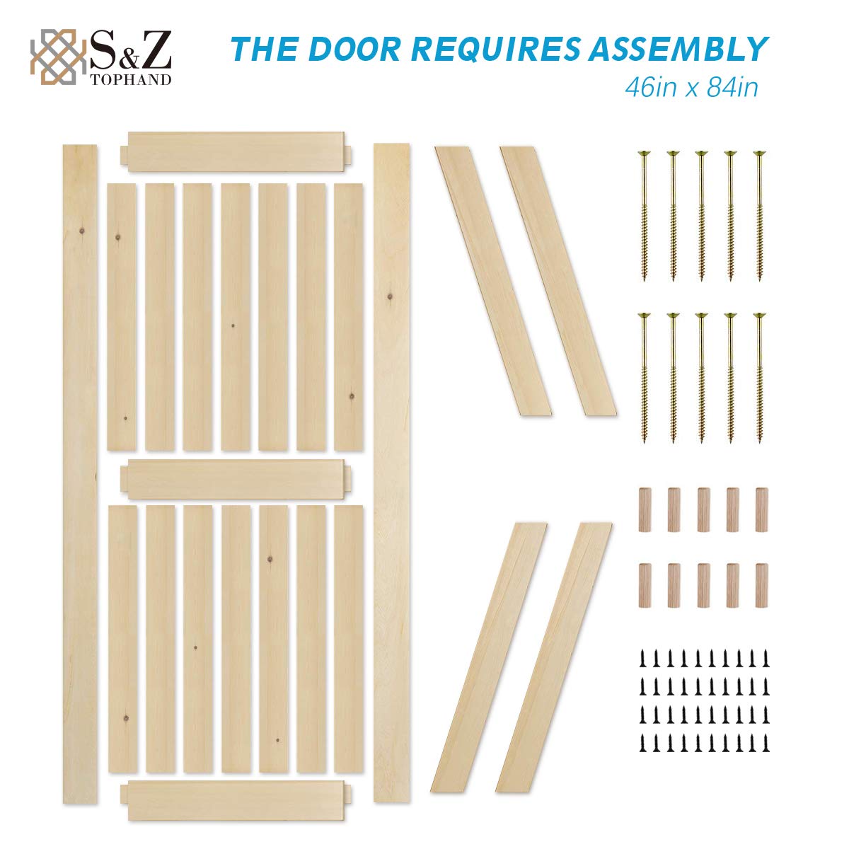 S&Z TOPHAND® 46 in. x 84 in. Barn Door, 20-60in Unfinished British Brace Barn Door/Modern Style/Solid Wood/Sliding Door/Simple Assembly is Required (46 in)