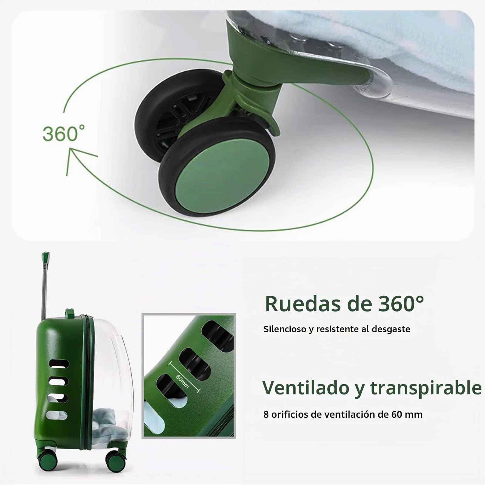 Maleta Portátil con Ruedas Cápsula Espacial Transpirable Maleta para Gatos Gran Capacidad, Mochila para Gatos Transparente (Color : Green Transparent)
