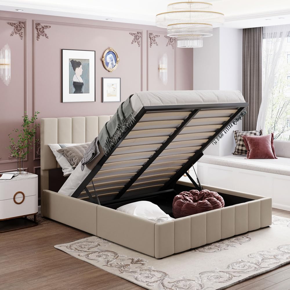 queen size upholstered platform bed with a hydraulic storage system - beige(old sku: lp000211aaa)