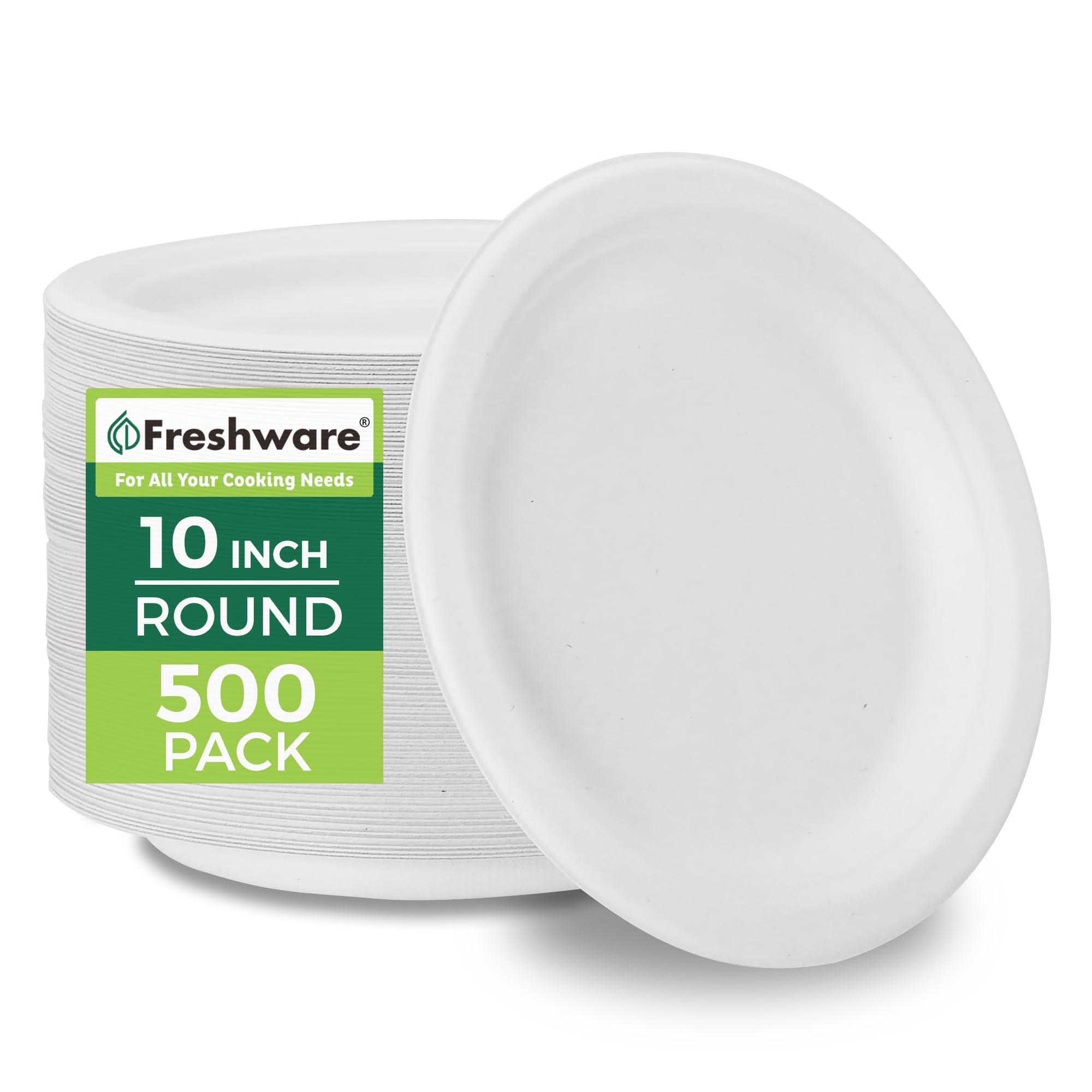 Freshware Piatti di carta usa e getta da 25,4 cm, confezione da 500, piatti piani biodegradabili in fibra di canna da zucchero, resistenti per cibi caldi, adatti per microonde e congelatore, stoviglie