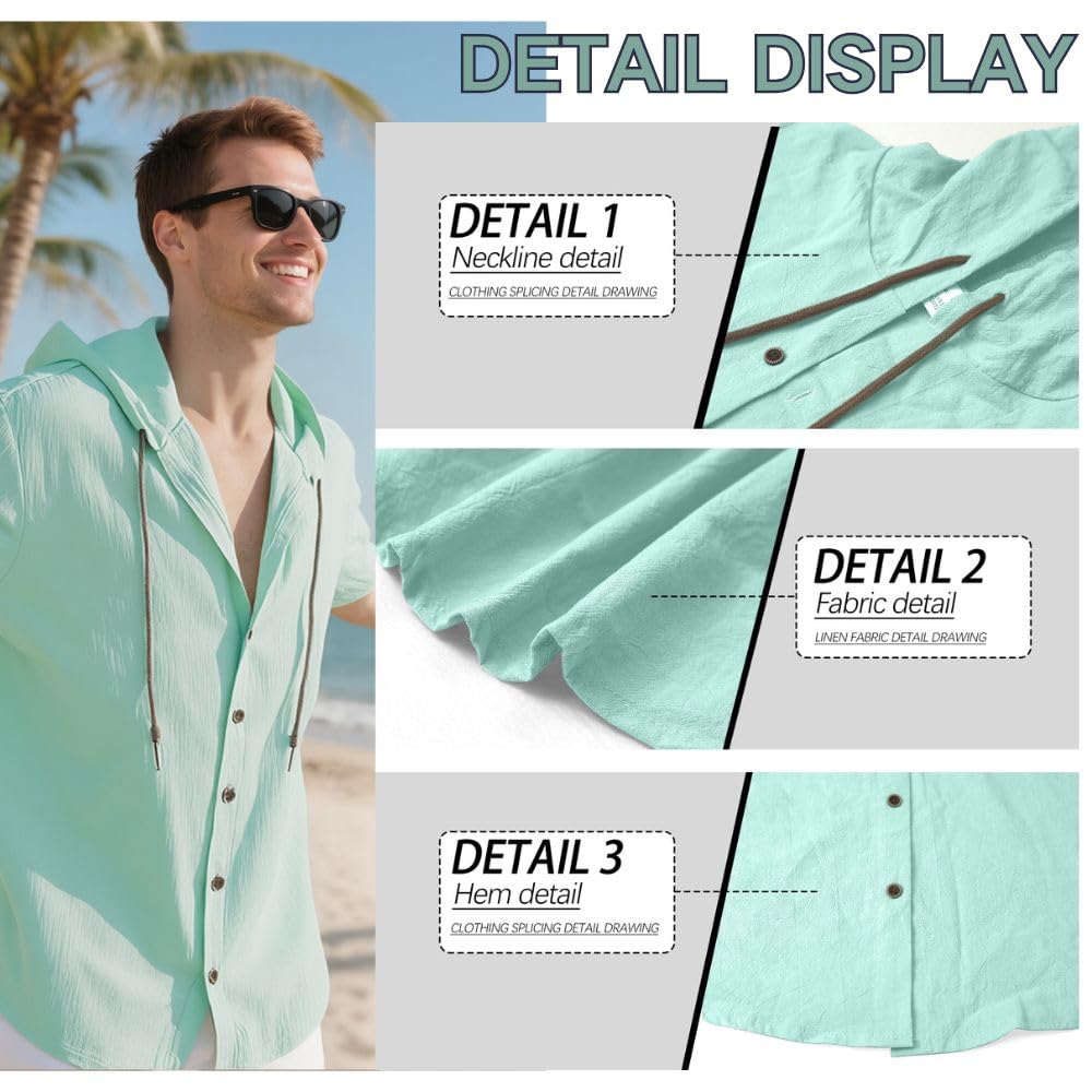 Camicia da uomo, in cotone e lino, con cappuccio, a maniche corte, da spiaggia, estiva, elegante