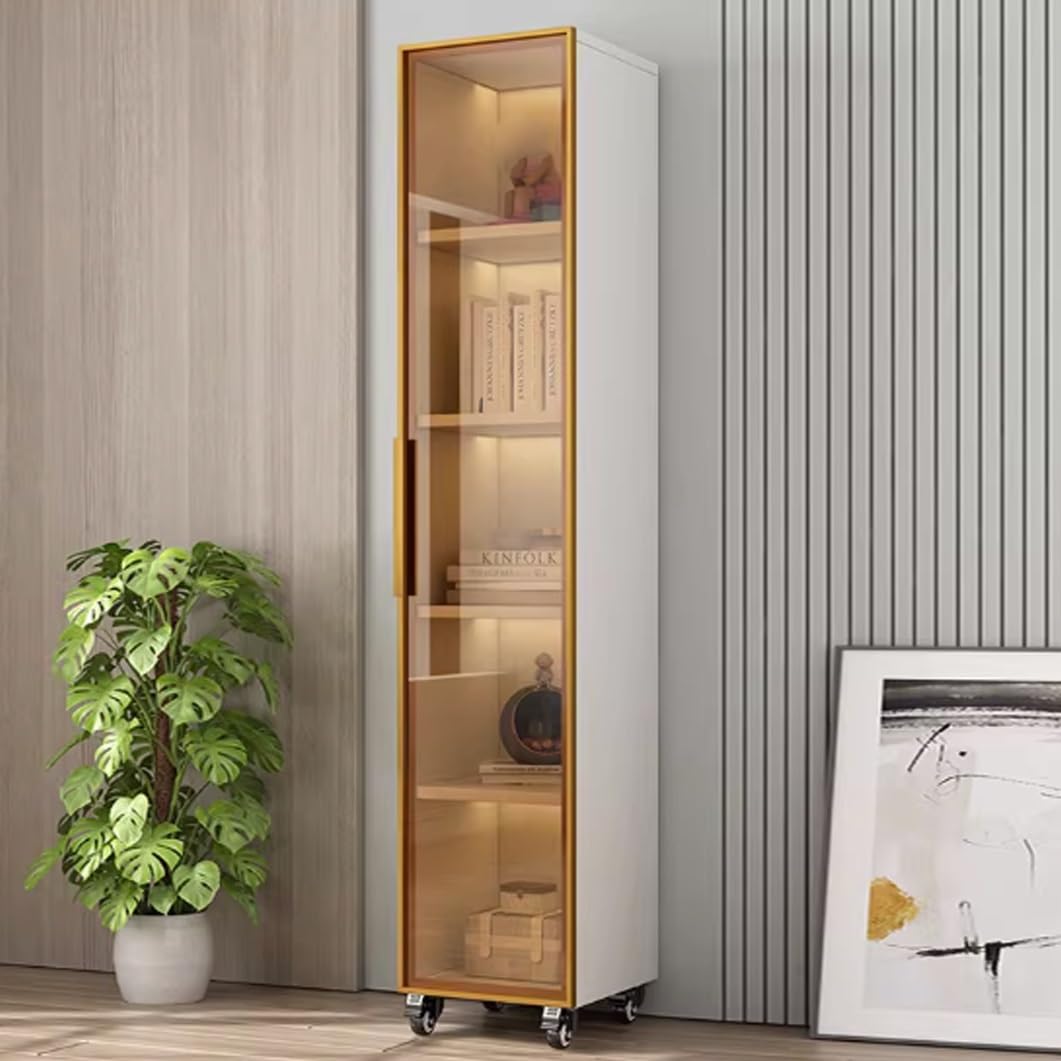 YVYKFZD 5 Tier Slim Storage Cart, MDF Rolling Spice Rack, Utility Kitchen Cart with Wheels and Tempered Glass Doors, Mobile Narrow Storage Cabinet, for Small Spaces(White+B,15.7"x16.5"x66.1")