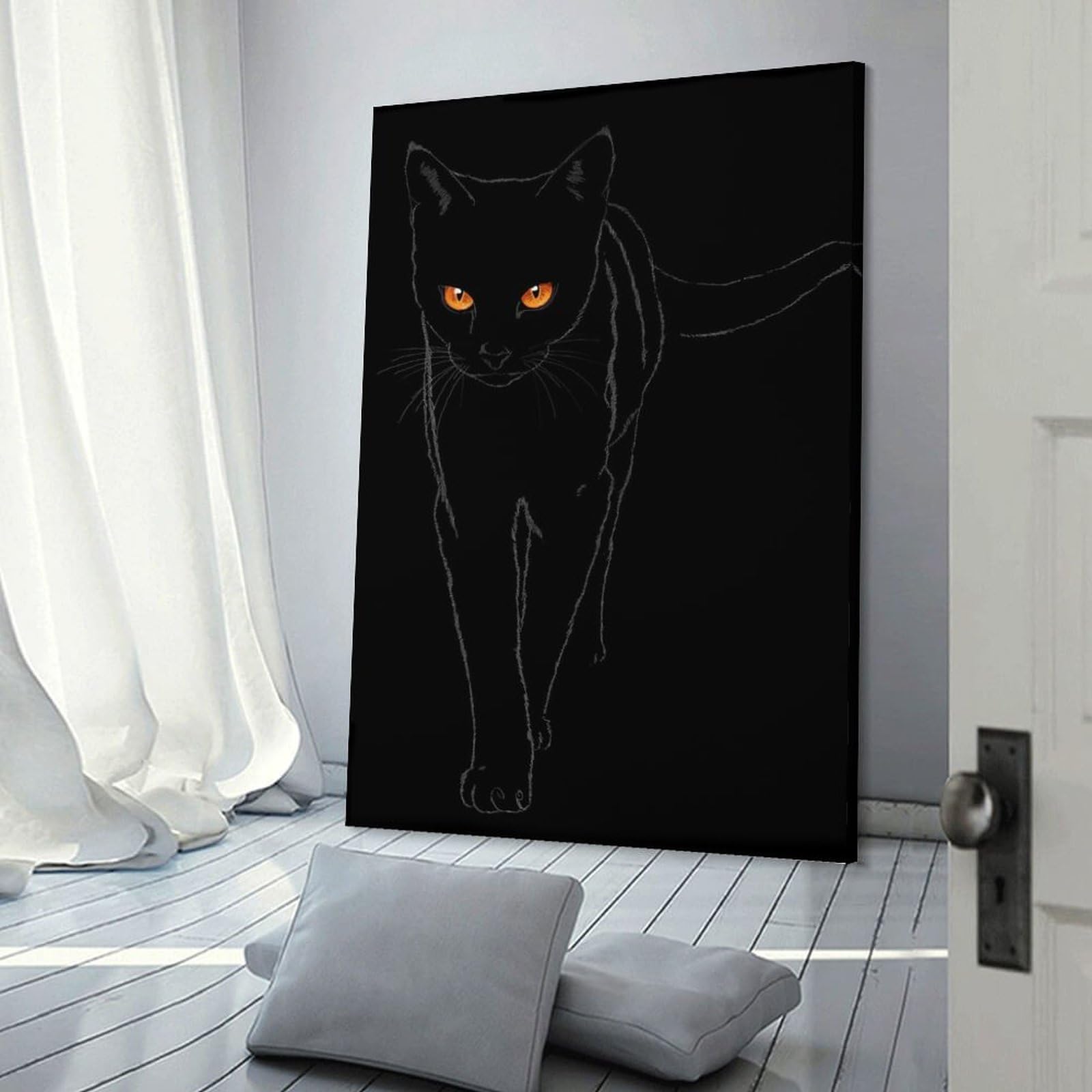 Junmoney Black Cat with Orange Eyes Decorative Wall Artwork 24x36inch(60x90cm), for Home Lounge, Bedroom Or Reading Nook, Easy Decor for Gallery Walls