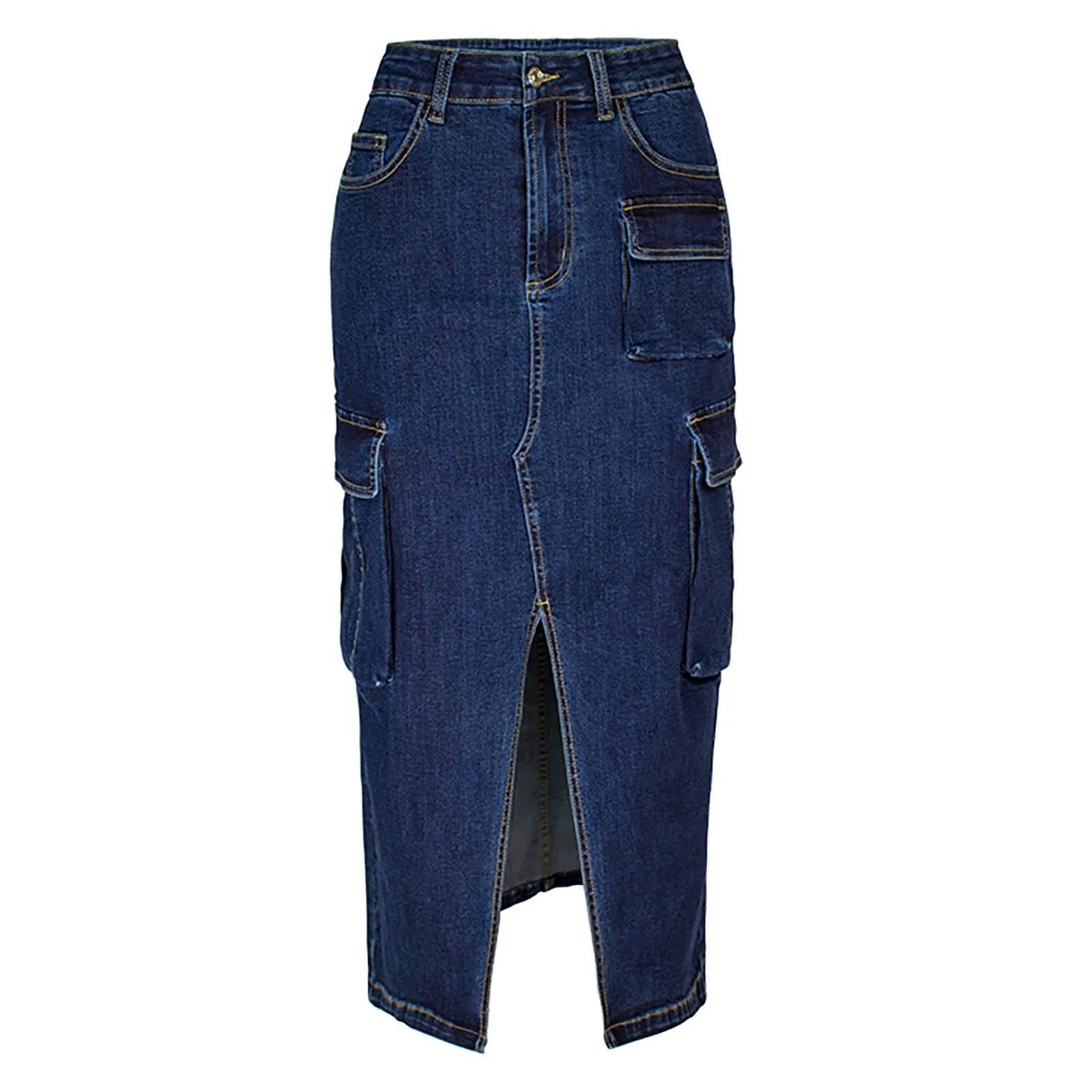 Rock Damen Langer Taille Skirt Linie Falten Damen Jeansrock Mit Gerader Taille
