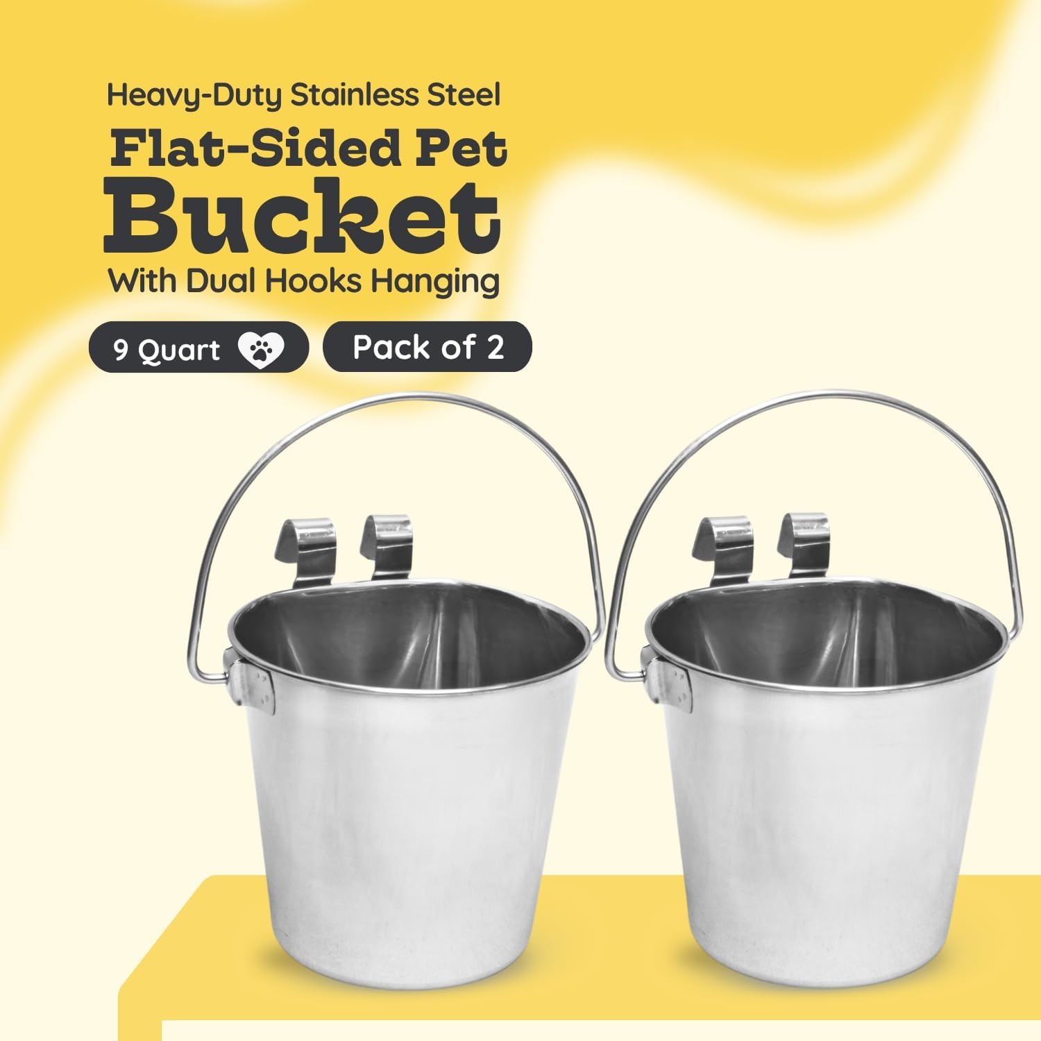 9 Quart Stainless Steel Flat Sided Bucket with Dual Hooks | 2 Pcs Food & Water Bowl for XL Dog Goat Cattle Horse & Livestock | Fits kennel Crate Cages Farm Hanging Pet Pail | Multipurpose