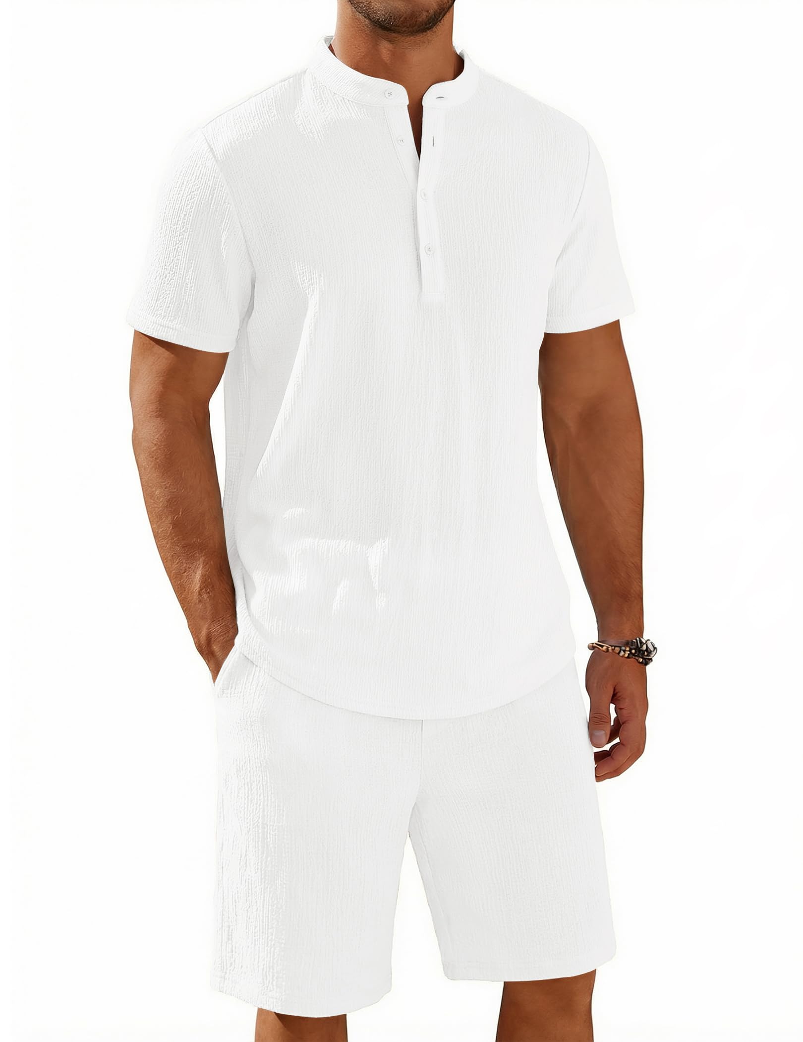 coofandy Men's 2 Piece Summer Beach Outfits, Textured Casual Henley Shirt and Shorts Set-picture-25