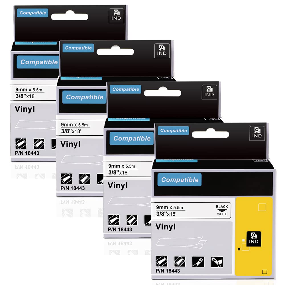 Aonomi 18443 a18443 Vinly Tapes Replace for DYMO Rhino Permanent Vinyl 3/8" 9mm 18443 Label Tapes Black on White Compatible with DYMO Rhino Industrial