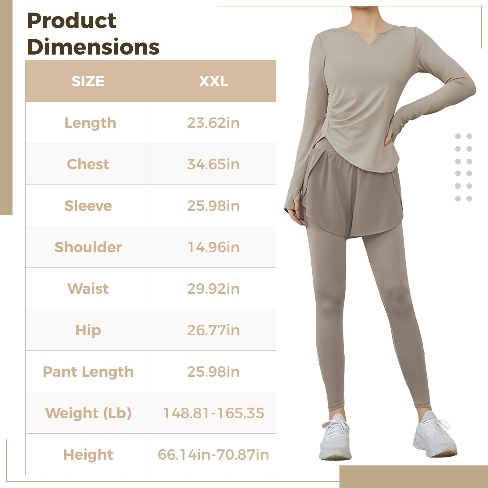 Ensemble 2 pièces Pilates noir pour femme, vêtements de sport XXL pour 135-150, haut à manches longues, short ou leggings, kaki, taille unique