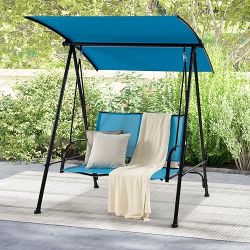 Image of HAPPYGRILL Outdoor Patio Swing for 2 Person, Porch Swing Chair w /Adjustable Canopy, Heavy-Duty Metal Frame, Breathable Seat Fabric, Patio Loveseat Swing for Backyard, Balcony, Poolside