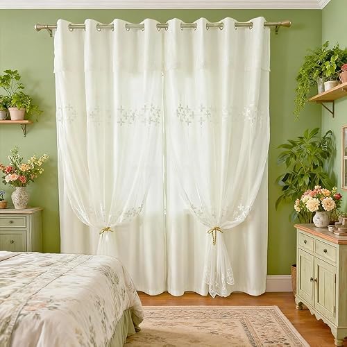 Amidoudou 2 Panels Double Layer Curtains with Valances, Flower Shaped