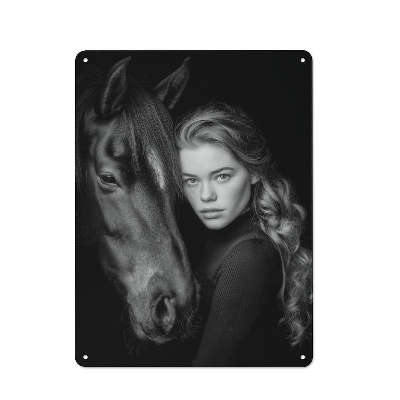 Junmoney Monochrome Portrait Woman And Horse Tin Wall Plaque 40X30cm With For Hallway Wall, With Clear Retro Wall Decor Character