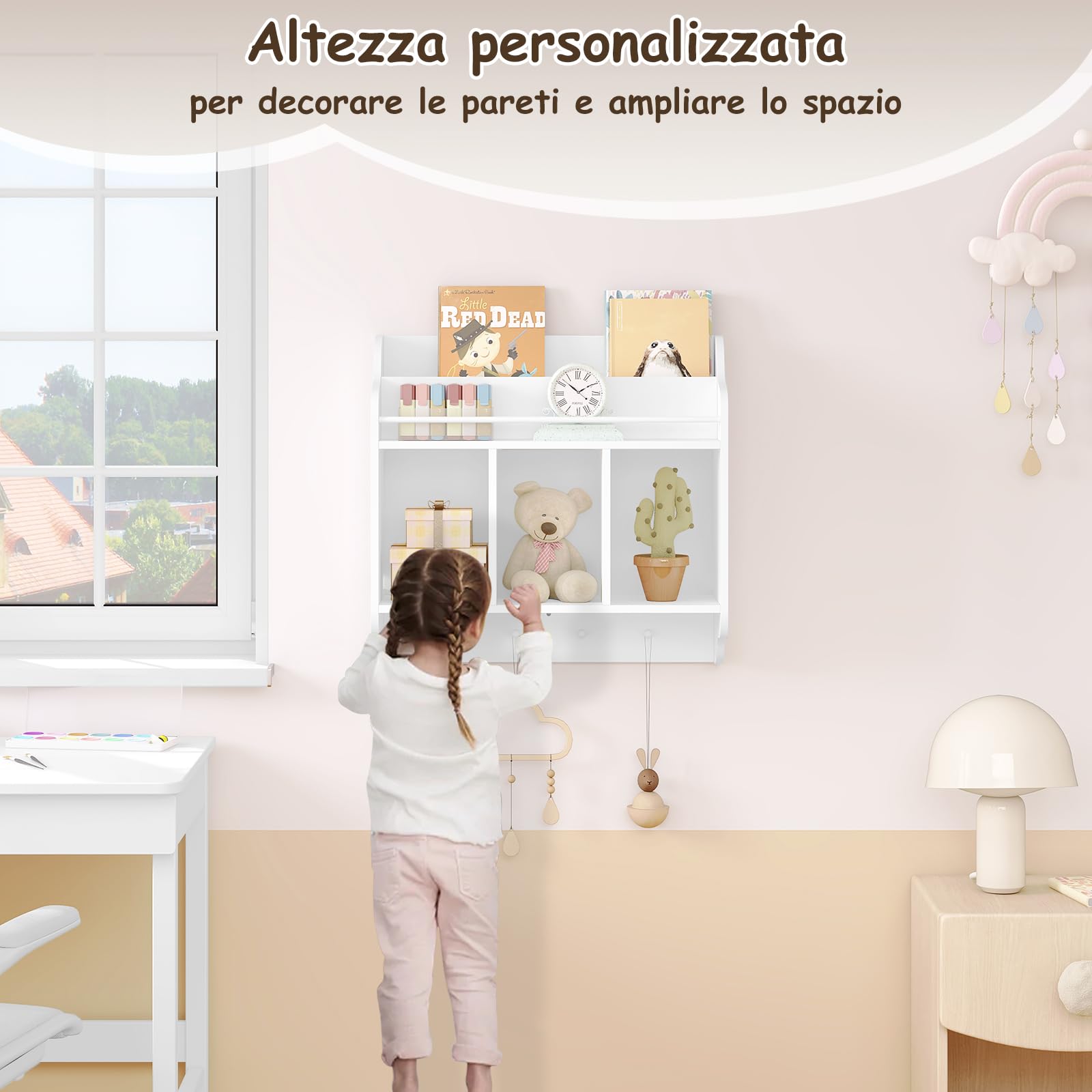 WOLTU Scaffale per Bambini, Scaffale a Muro per Libri, Scaffale a Muro per Libri, Unità di Archiviazione con 3 Cubi Aperti, 4 Pomelli per Appendere, Mobili per Asilo Nido, Bianco