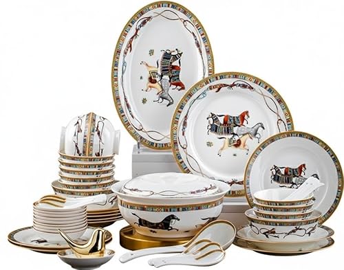 御馬図 骨瓷 食器セット 高級ボーンチャイナ 28点/32点/56点/60点 英式デザイン 宮廷風 北欧風 上品 食洗機対応 電子レンジ対応 家庭用 来客用 結婚祝い 引越し祝い 新築祝い ギフト (56点セット(御馬図 品鍋構成 10人用))