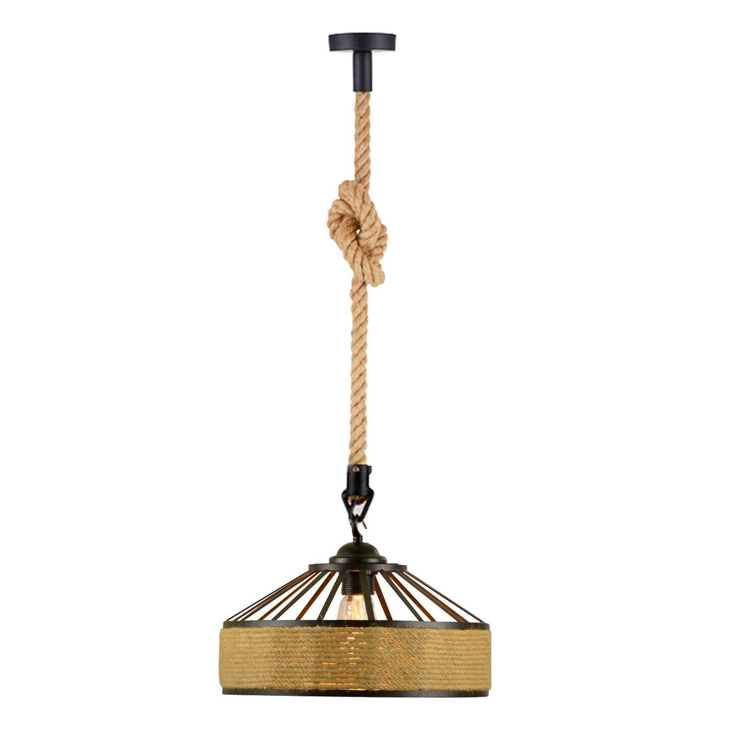 LEDSone Hemp Rope Iron Wire Lampshade Ceiling Light Rustic Rope Creative Retro Hanging Light Vintage Jute Iron Pendant Lamp Portable Lamp Shade with Bulb (40cm Shade)