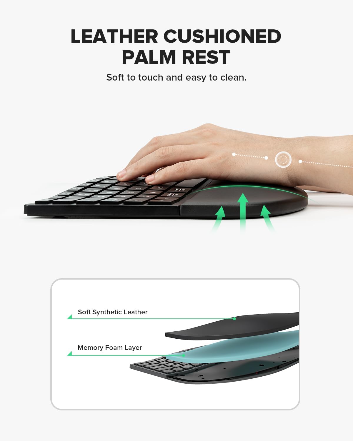 (Upgraded) DELUX Ergonomic Wireless Keyboard w Cushioned Wrist Rest, Wave Keys, 2.4GHz & Bluetooth Connection, Full Size Wireless Rechargeable Computer Keyboard for Windows, Mac OS, Laptop, PC (GM909)