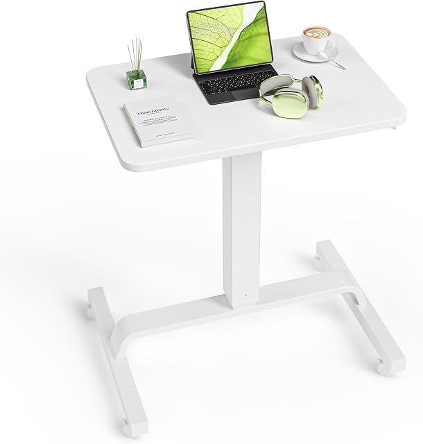 WALKINGDESK Height Adjustable Mobile Standing Desk with 360° Swivel Casters, 29"-45" Pneumatic Rolling Desk on Wheels, Perfect for Home Office, Bedroom, Living Room, White