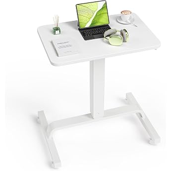 WALKINGDESK Height Adjustable Desk with 4 Wheels 60 x 40 cm Mobile Standing Desk Laptop Table Height Adjustable Pneumatic Side Table for Sofa Bed Living Room White