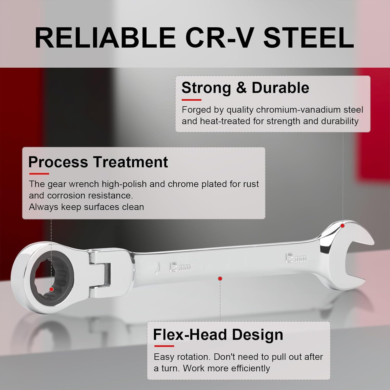 RECTITUDE 12 mm Flexible Head Gear Wrench, Industrial Grade Ratcheting Combination Spanner, Forged, Heat-Treated Cr-V Alloy Steel, Full Polished 12 Point, Metric, Wrench Tools, For Professional Use 3