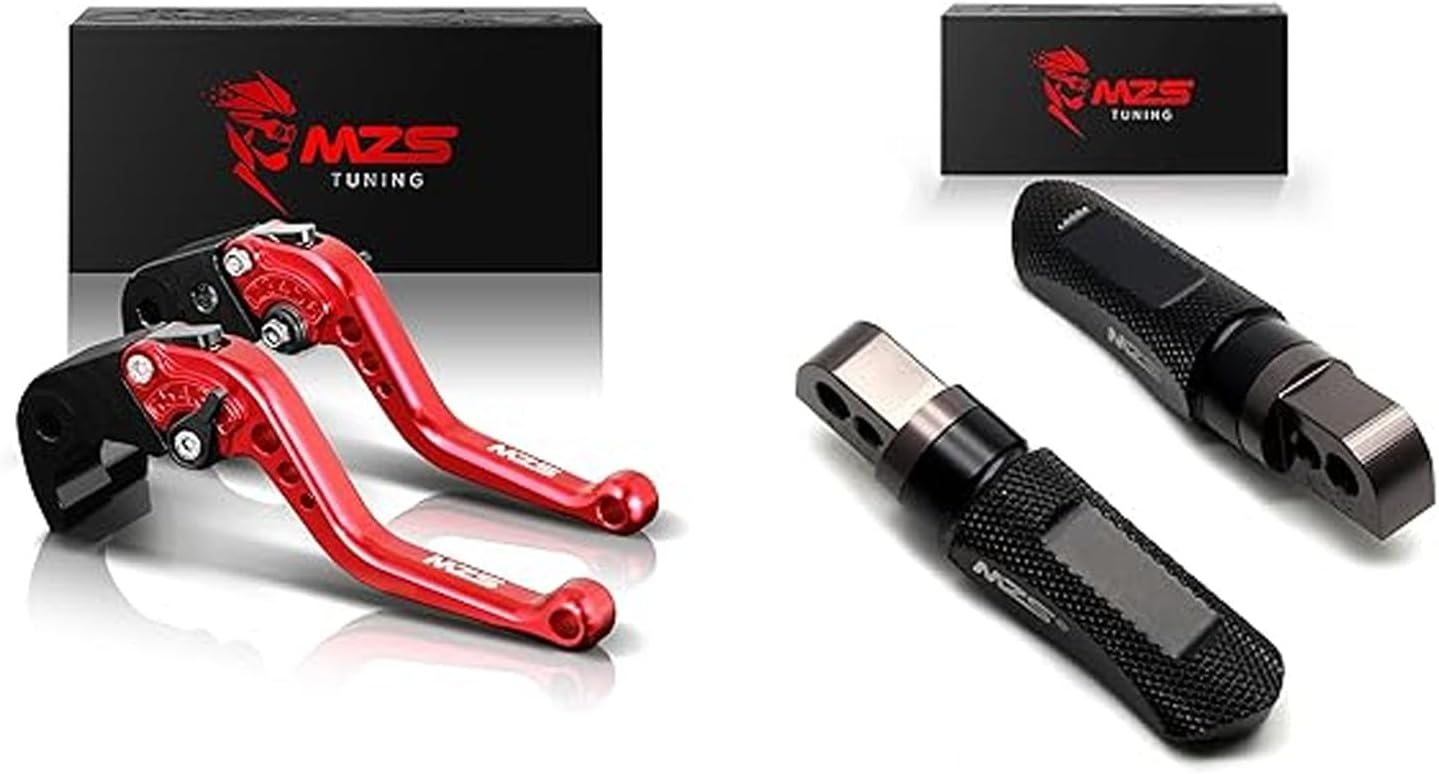 MZS Red Motorcycle Brake Clutch Levers Short Adjustable + Motorcycle Rear Foot Pegs, Adjustable Sport Footpegs Compatible with GSXR600 GSXR750 GSXR1000 GSXS750