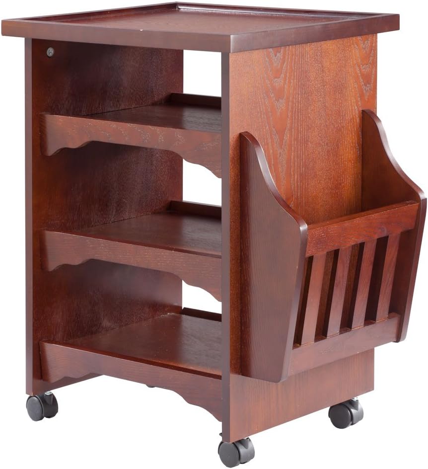OakRidgeWood Finish Deluxe Rolling Multipurpose Table Accents, 18.5โ W x 25.375โ H x 18.875โ L โ Wooden Magazine/Book Rack Attachment with 3 Shelves and Sturdy Top Platform, Mahogany