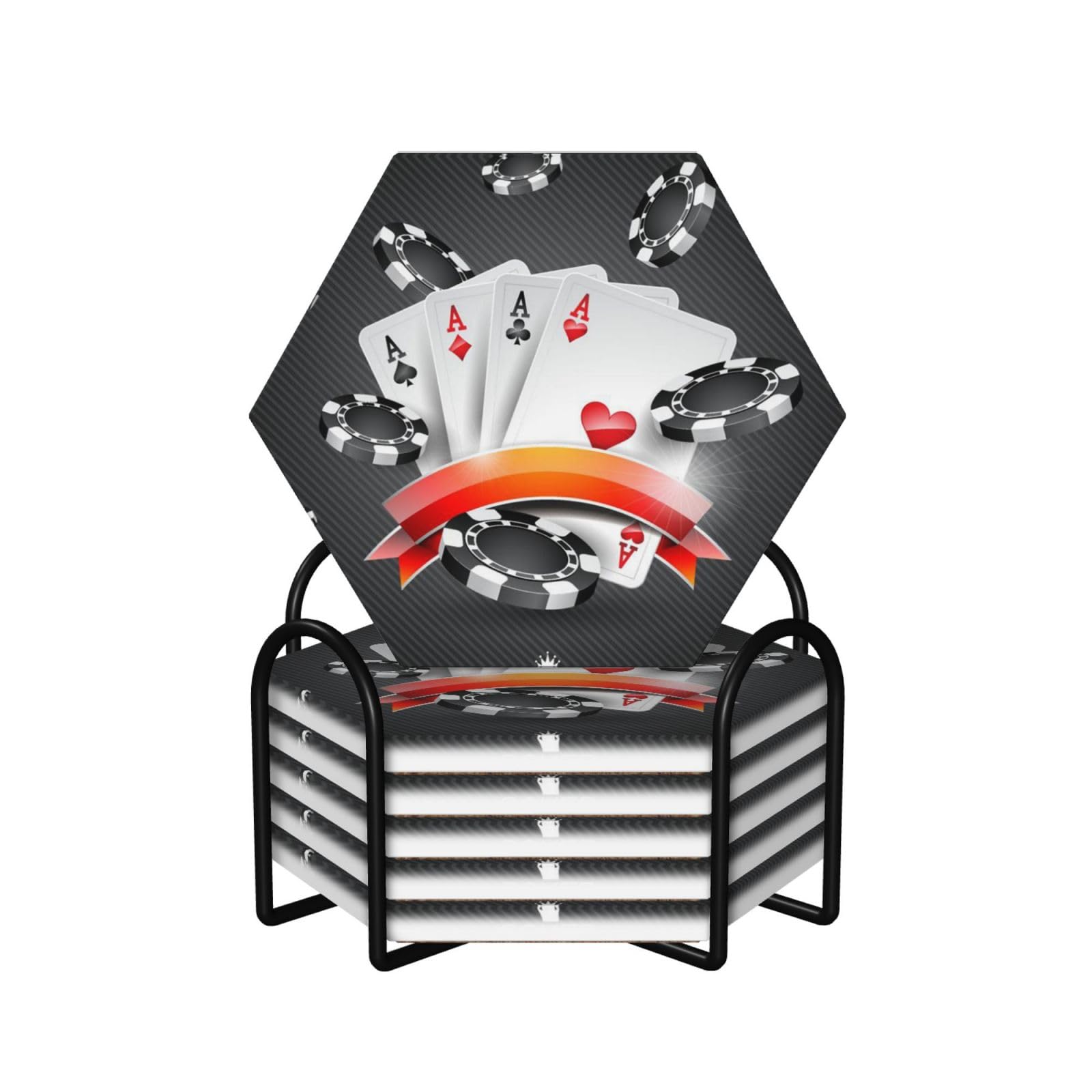 Dessous de verre en céramique lot de 6 avec support métal pour table de poker