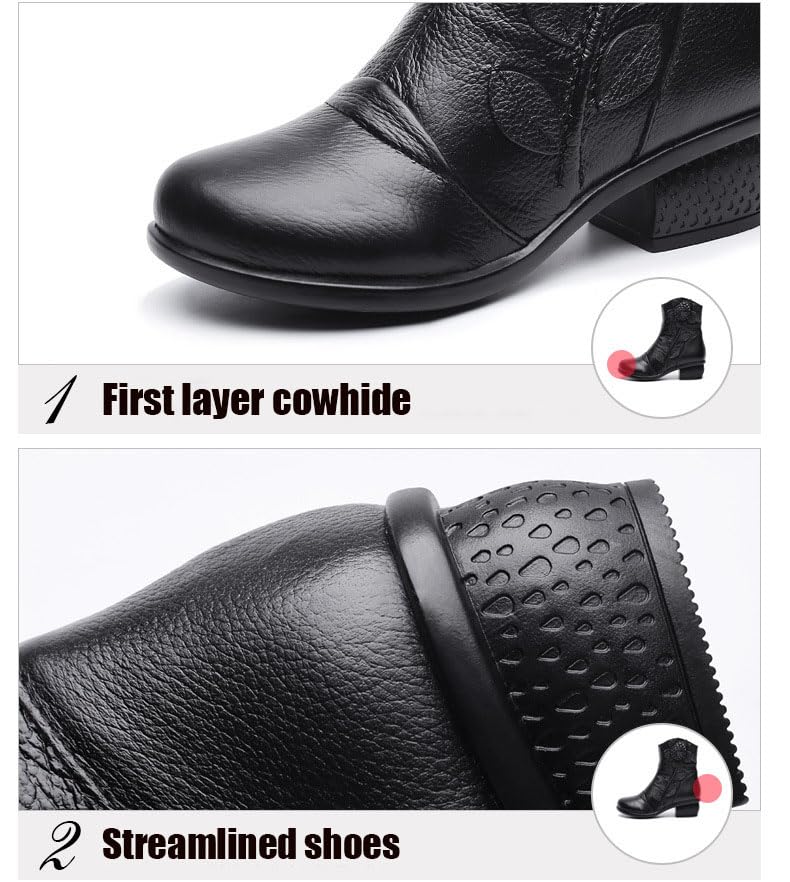 Cubicbee Women's Retro Handmade Flower Leather Ankle Boots Ethnic Floral Round Toe Block Low Heel Mid Calf Boots with Side Zipper3