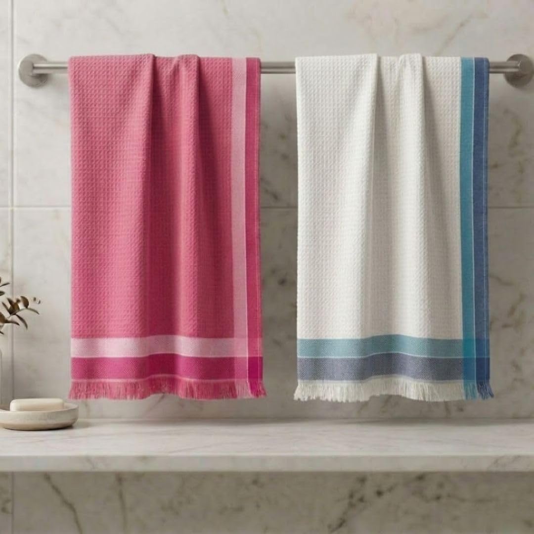 Athom Living Light Weight Cotton Premium Waffle Border Bath Towel 75x150 cm Pack of 2