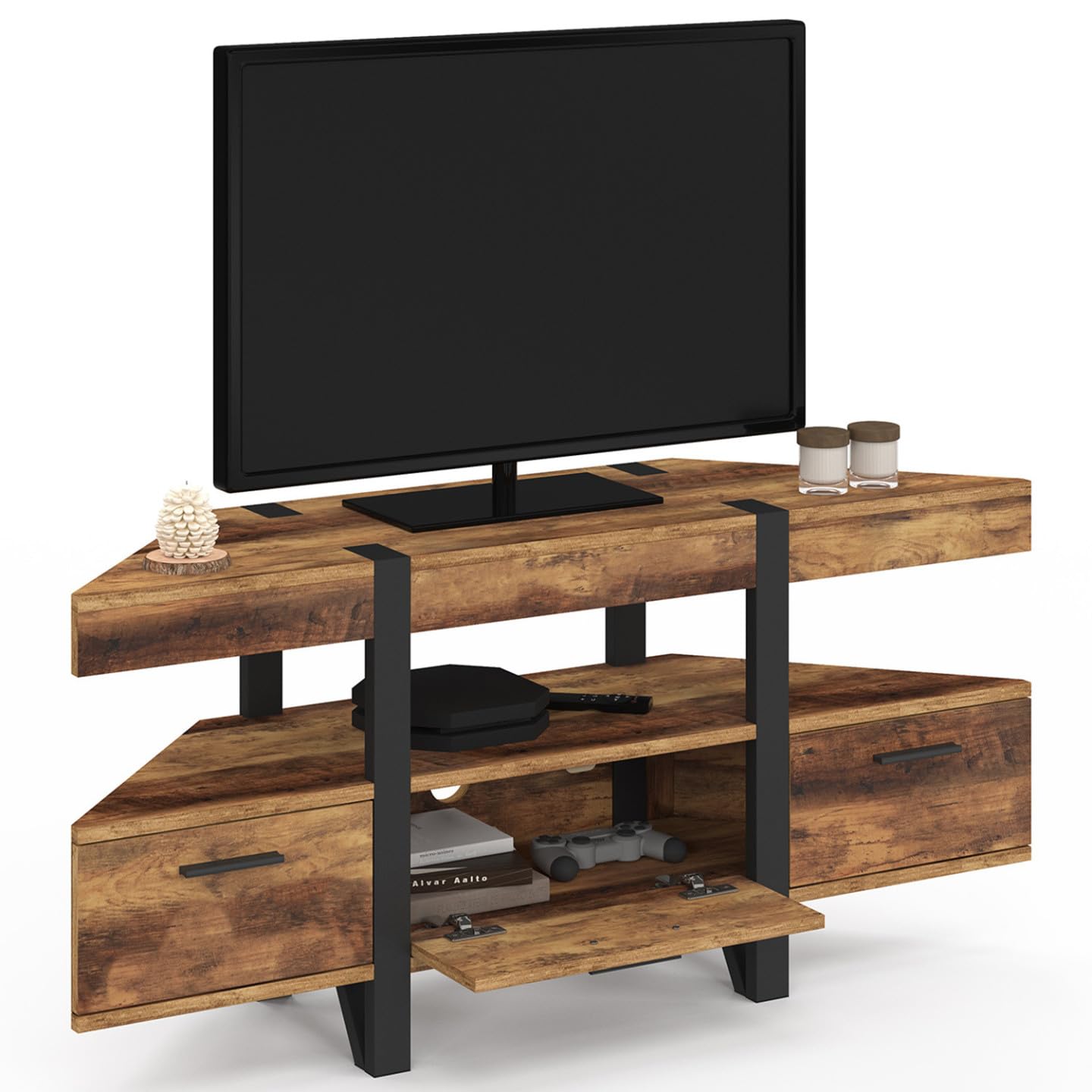 IDMarket - Mobile TV angolare in legno AUSTRIA 110 cm con gambe a perno e cassetti