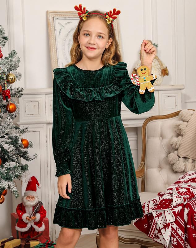 BesserBay Girls Glitter Fall Puff Long Sleeve Ruffle Crewneck Twirly Dress Midi Dress 5-14 Years2