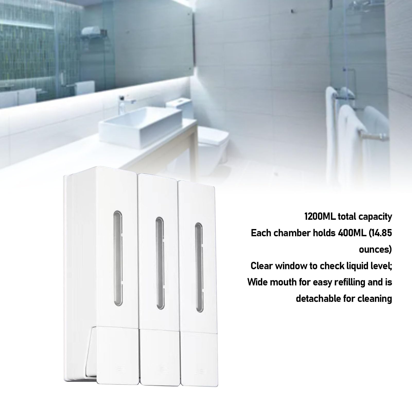 Dispensador de champú y acondicionador de 3 cámaras montado en la Pared 1200 ml Dispensador de jabón de Ducha ABS a Prueba de Fugas de Gran Capacidad para baño Hotel Hogar (Cabeza Triple
