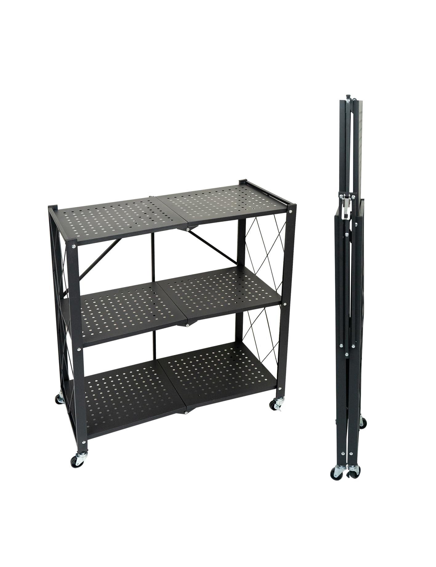 3-Tier Foldable Storage Shelves with Wheels, Folding Metal Rack Shelving Unit, Heavy Duty No Assembly Organizer Shelf for Garage, Kitchen, Pantry, Office, Bedroom (Black, 3-Tier)
