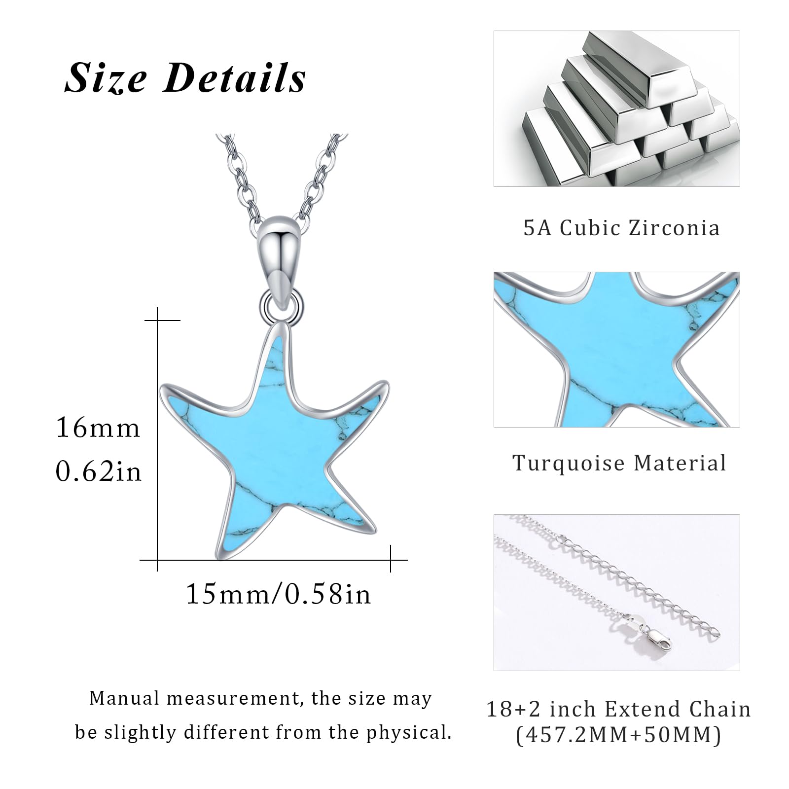 Collar de estrella de mar, plata de ley 925, turquesa y estrella de mar, colgante de estrella de mar, regalo para niñas, mujeres, niños, Plata esterlina, Turquesa