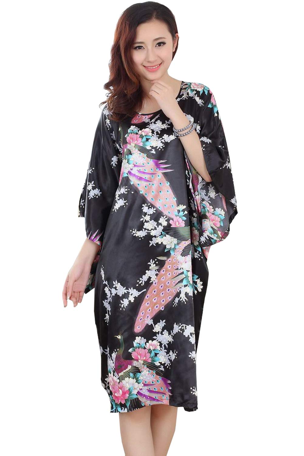 Xuexian Women's Black Peacock Flower Printed Satin Nightgown Sleepwear Loose Pullover Bathrobe Kimono Dress Nightdress Homewear (Black Peacock)